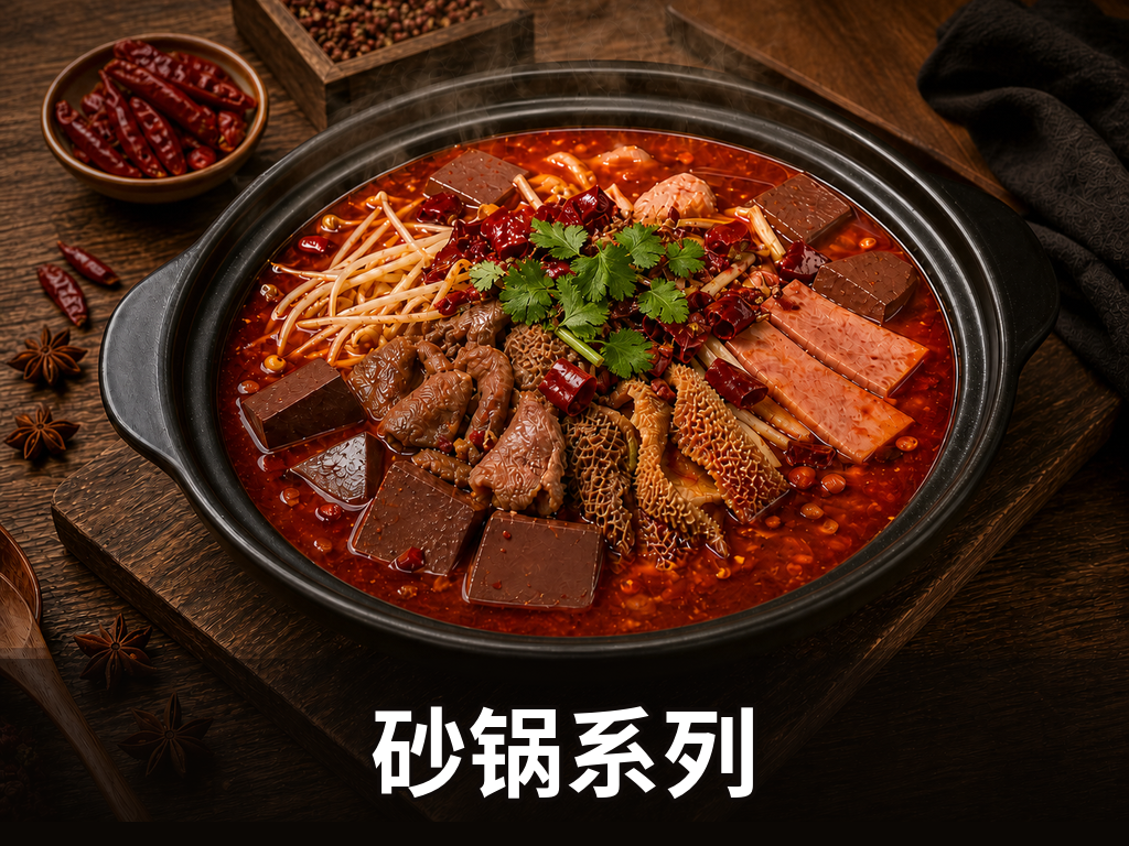 砂锅系列 · 18 SKU · 香辣/油泼/鲜烧/酱香/酸菜/泡椒/红烧/金汤/酸汤/家常/番茄/三鲜/蒜香/黑鸭/黄焖/清真三鲜/牛骨三鲜