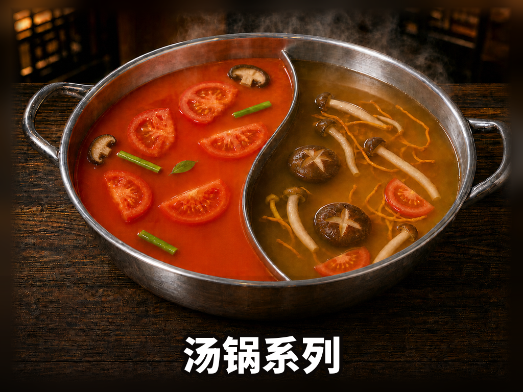 汤锅系列 · 9 SKU · 三鲜/番茄/金汤/酸汤/菌汤/酸菜/藤椒/牛骨/清真