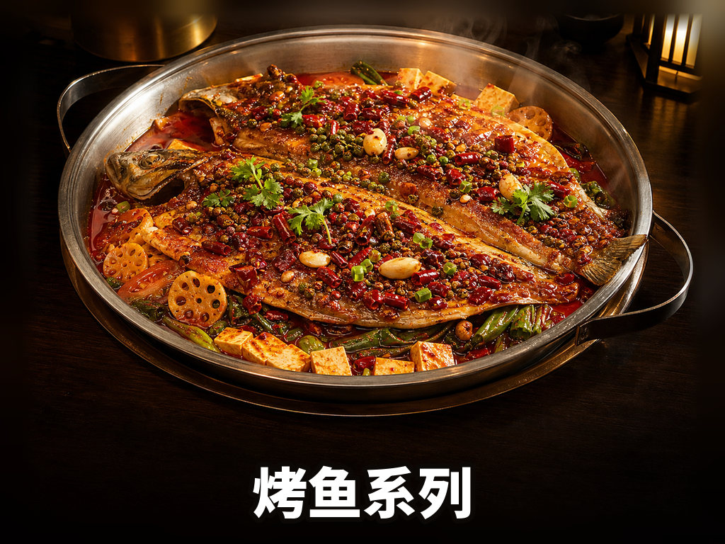 烤鱼系列 · 8 SKU · 香辣/酱香/泡椒/酸菜/金汤/青花椒/蒜香/番茄