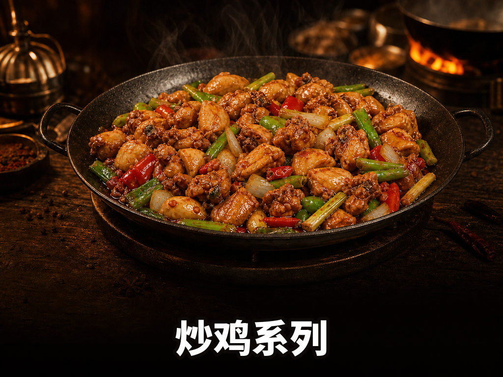 炒鸡系列 · 8 SKU · 香辣/甜辣/麻辣/酱香/泡椒/青花椒/番茄/招牌腌制