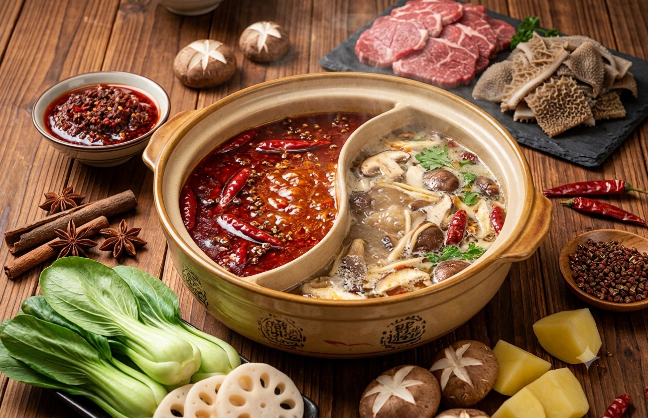 鸳鸯火锅食材展示 · 晏大师火锅底料供应